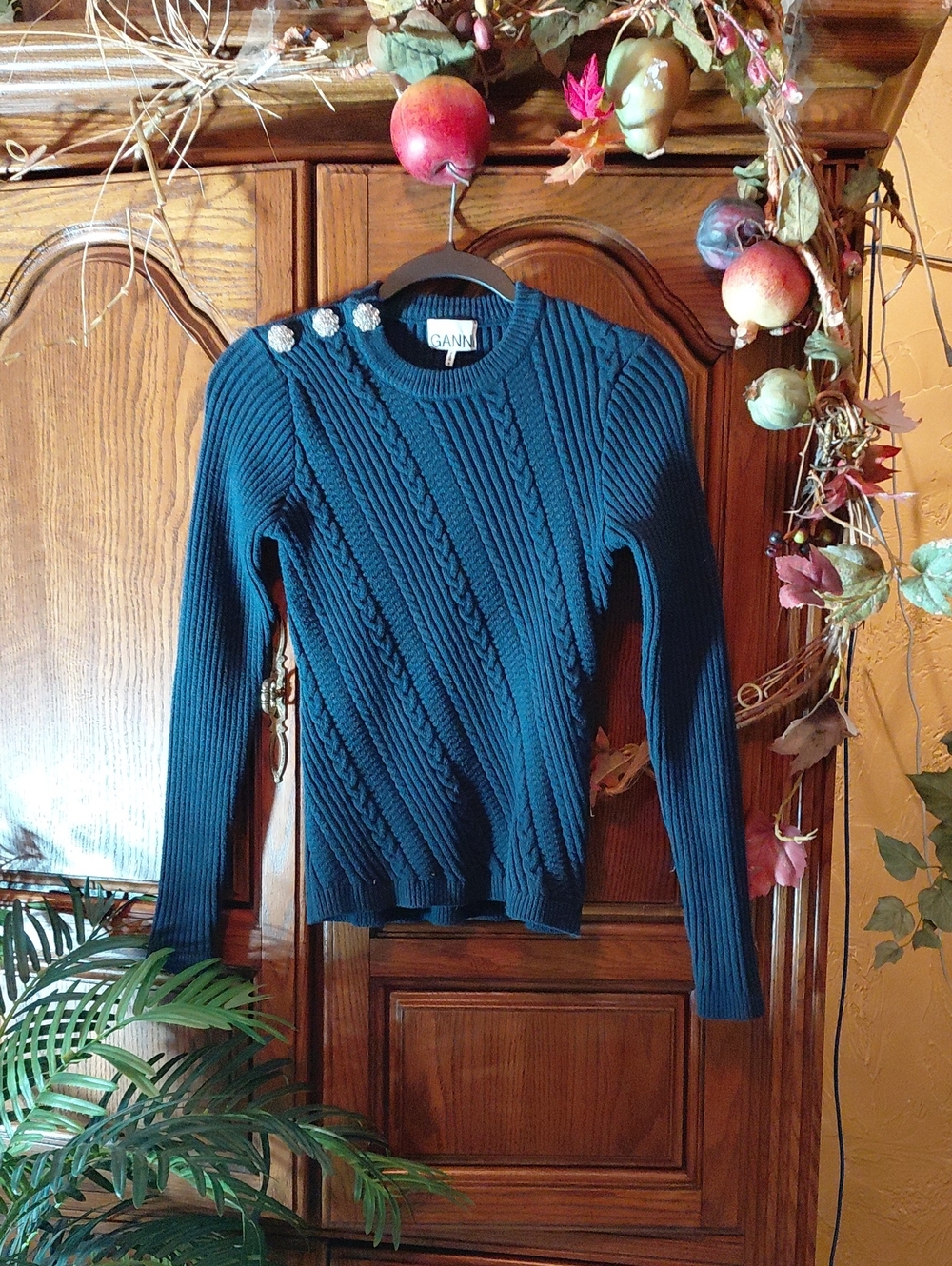 Ganni Teal Cable-Knit Crewneck Sweater with Shoulder Buttons